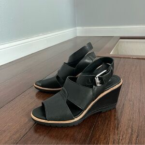 Sorel Black Leather Wedge Sandals with Crisscross Straps